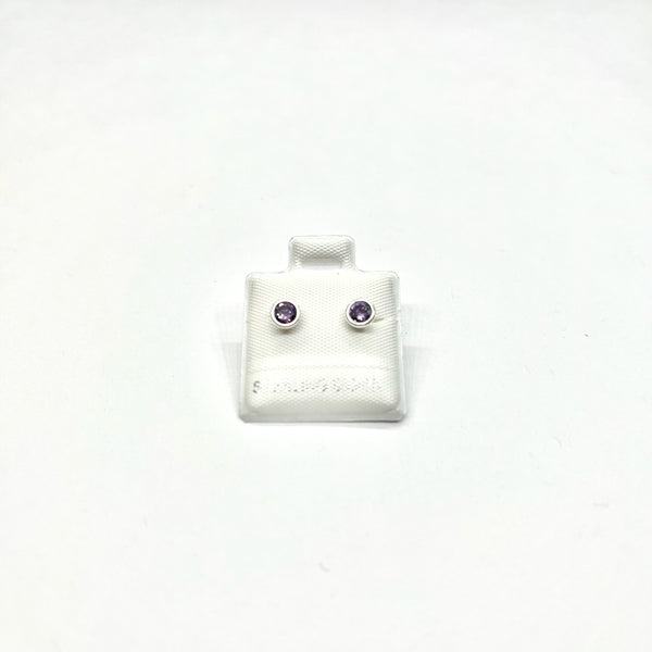 Sterling Silver Purple CZ Bezel Stud Earrings (FEB)