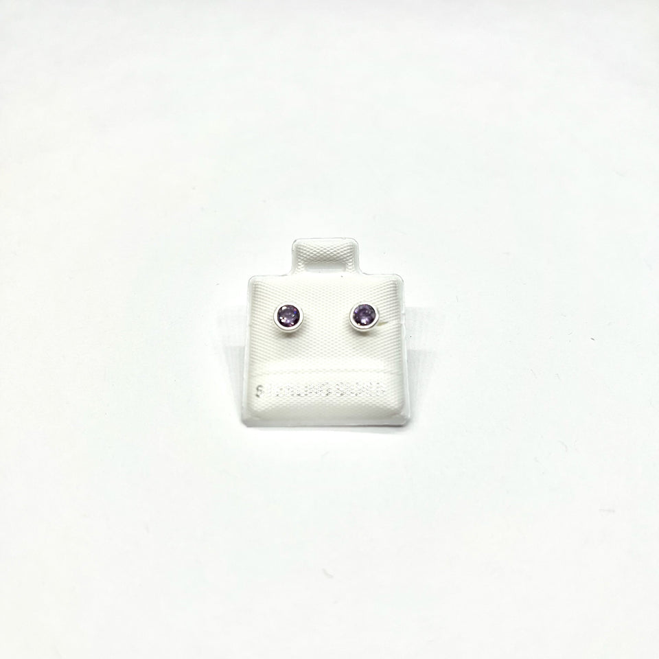 Sterling Silver Purple CZ Bezel Stud Earrings (FEB)