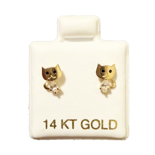 14K Gold Cat Stud Earrings
