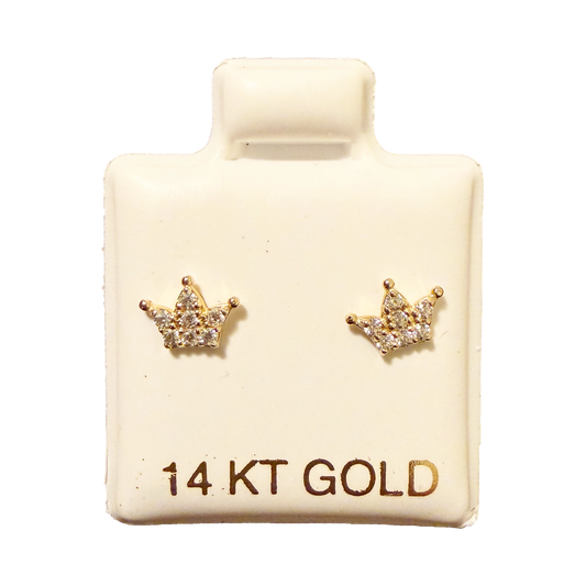 14K Gold CZ Mini Crown Stud Earrings