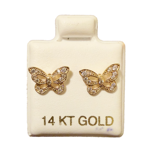 14K Gold CZ Butterfly Stud Earrings
