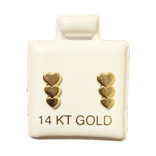 14K Gold 3 Hearts Stud Earrings