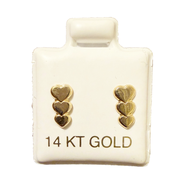 14K Gold 3 Hearts Stud Earrings