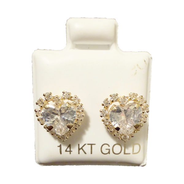14K Gold CZ Big Heart Stud Earrings