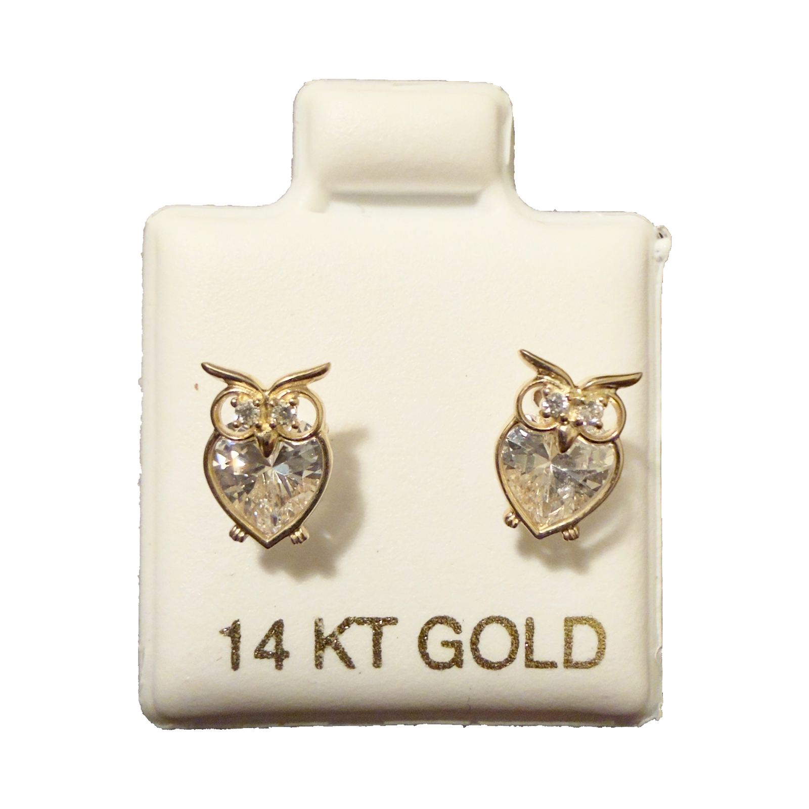 14K Gold CZ Owl Stud Earrings