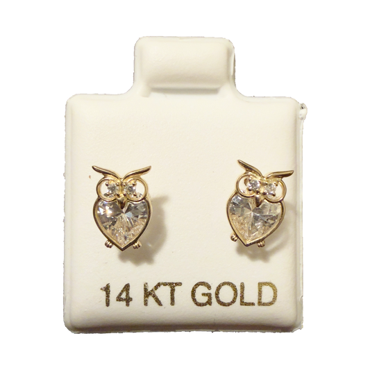 14K Gold CZ Owl Stud Earrings