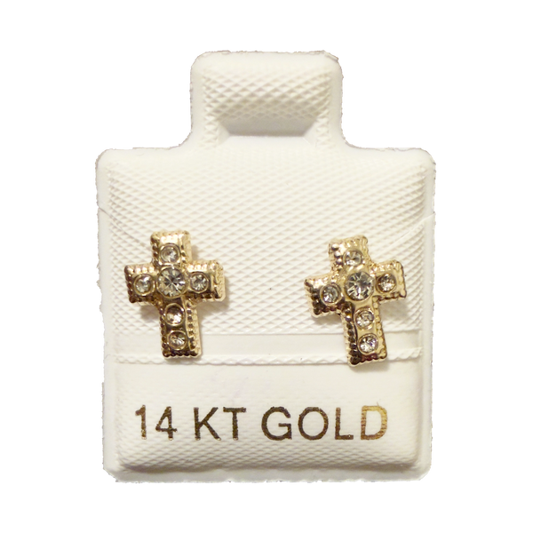 14K Gold CZ Thick Cross Stud Earrings