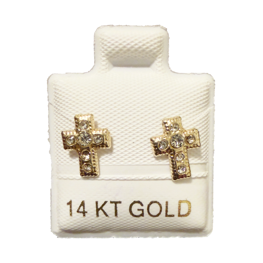 14K Gold CZ Thick Cross Stud Earrings