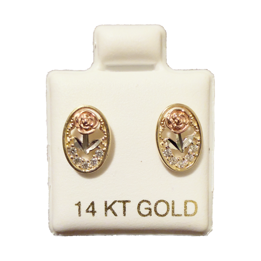 14K 3C CZ Rose Stud Earrings