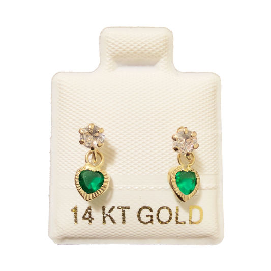 14K Gold CZ Heart Dangle Earrings