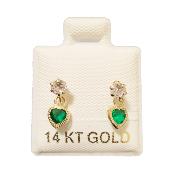 14K Gold CZ Heart Dangle Earrings