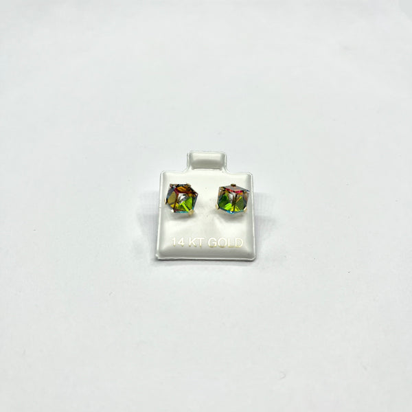 14K Yellow Gold Square Rainbow CZ Stud Earrings with Screw Back