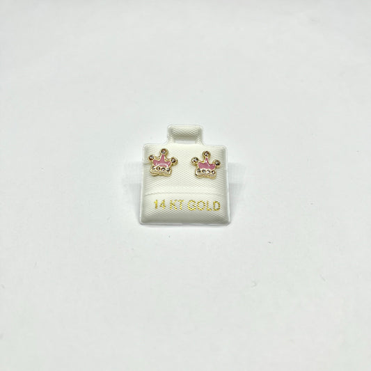 Princess Pink Crown Studs – 14K Gold with Enamel & CZ