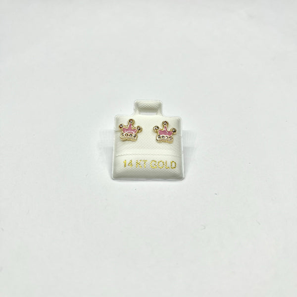 Princess Pink Crown Studs – 14K Gold with Enamel & CZ
