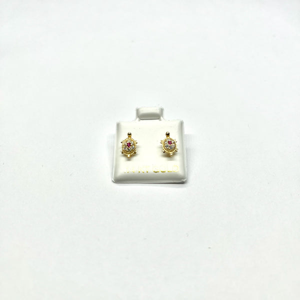 14K Yellow Gold Turtle Red CZ Stud Earrings with Screw Back