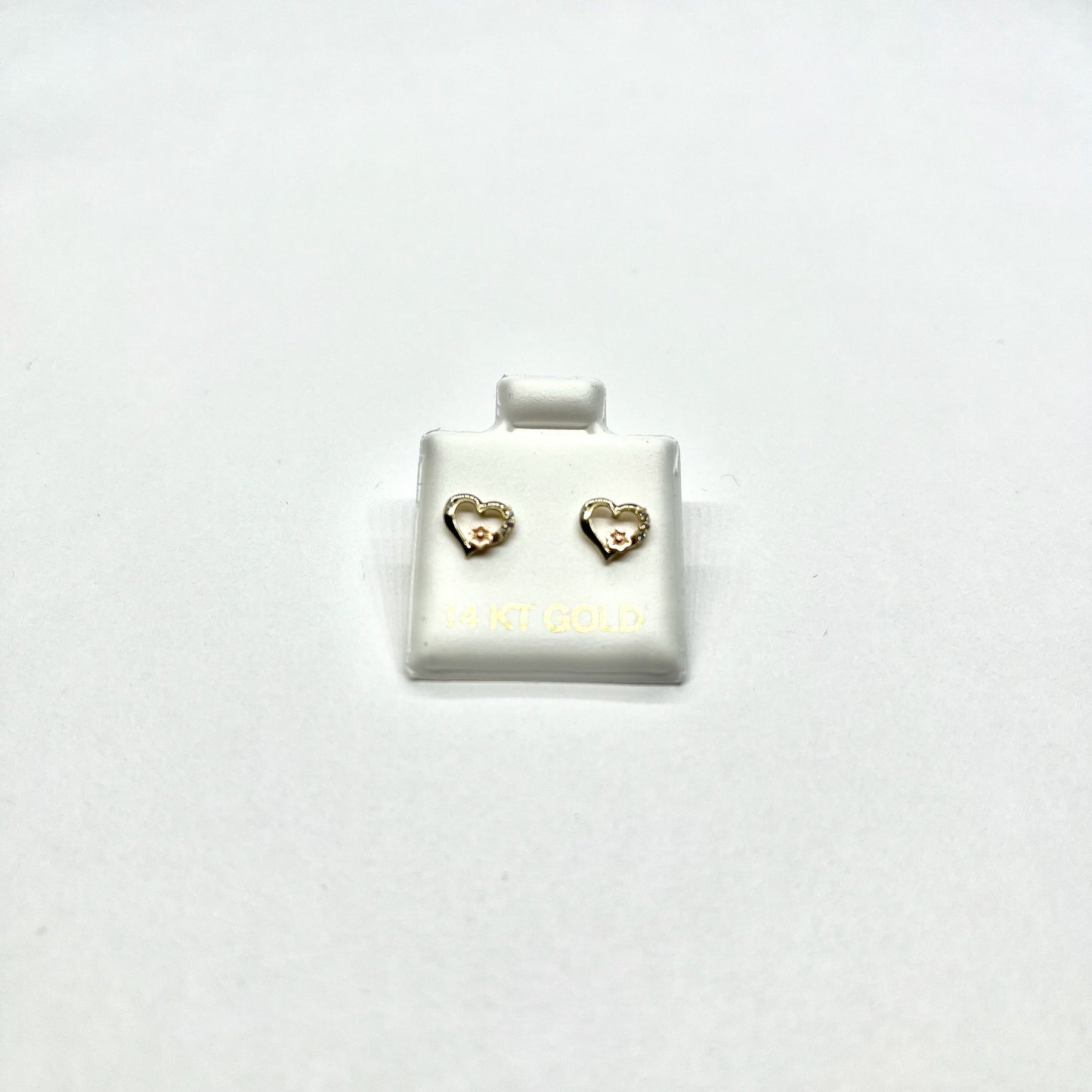 14K Gold CZ Heart Rose Stud Earrings
