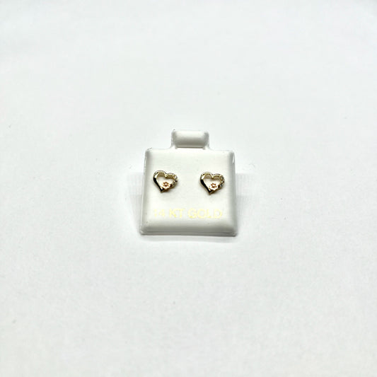 14K Gold CZ Heart Rose Stud Earrings