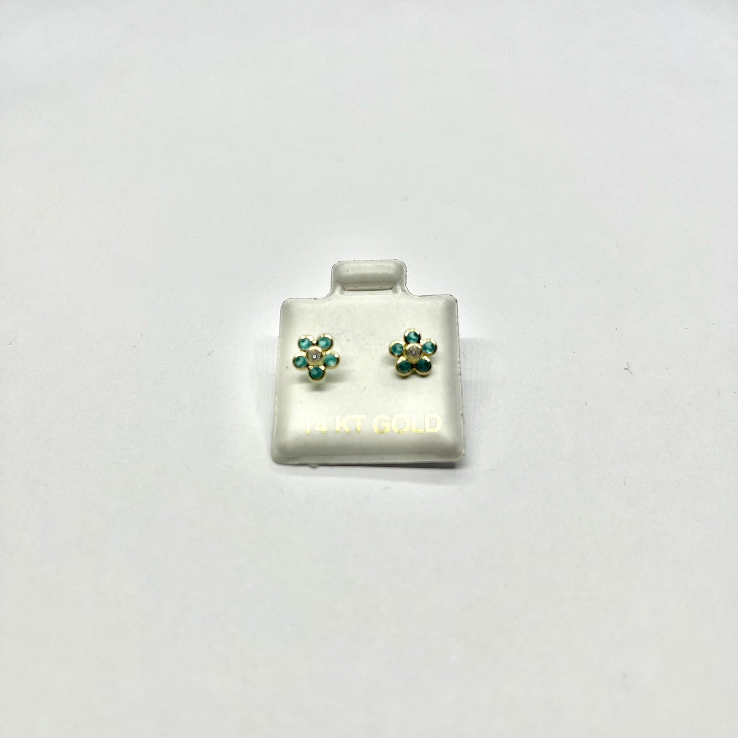 14K Gold Blue CZ Flower Stud Earrings