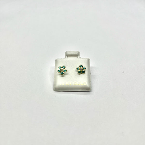 14K Gold Blue CZ Flower Stud Earrings