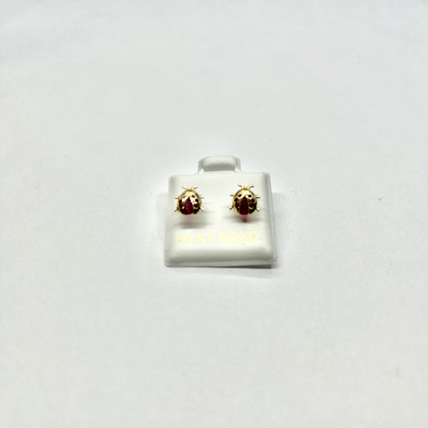 14K Yellow Gold Ladybug Red CZ Stud Earrings with Screw Back