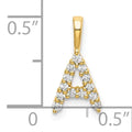 14K yellow gold letter A lab grown diamond pendant with half-inch size reference on white background