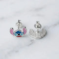 Sterling silver blue alien enamel stud earrings front and back view on marble surface