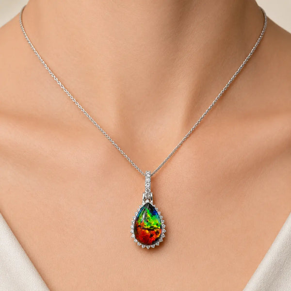 Sterling Silver Multicolor Pear Cabochon CZ Halo Pendant