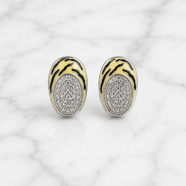 Sterling silver tiger stripe oval earrings with pavé cubic zirconia front view on white background