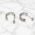 Sterling silver two-tone CZ crossover screw-back earrings side view showing curved half-hoop shape